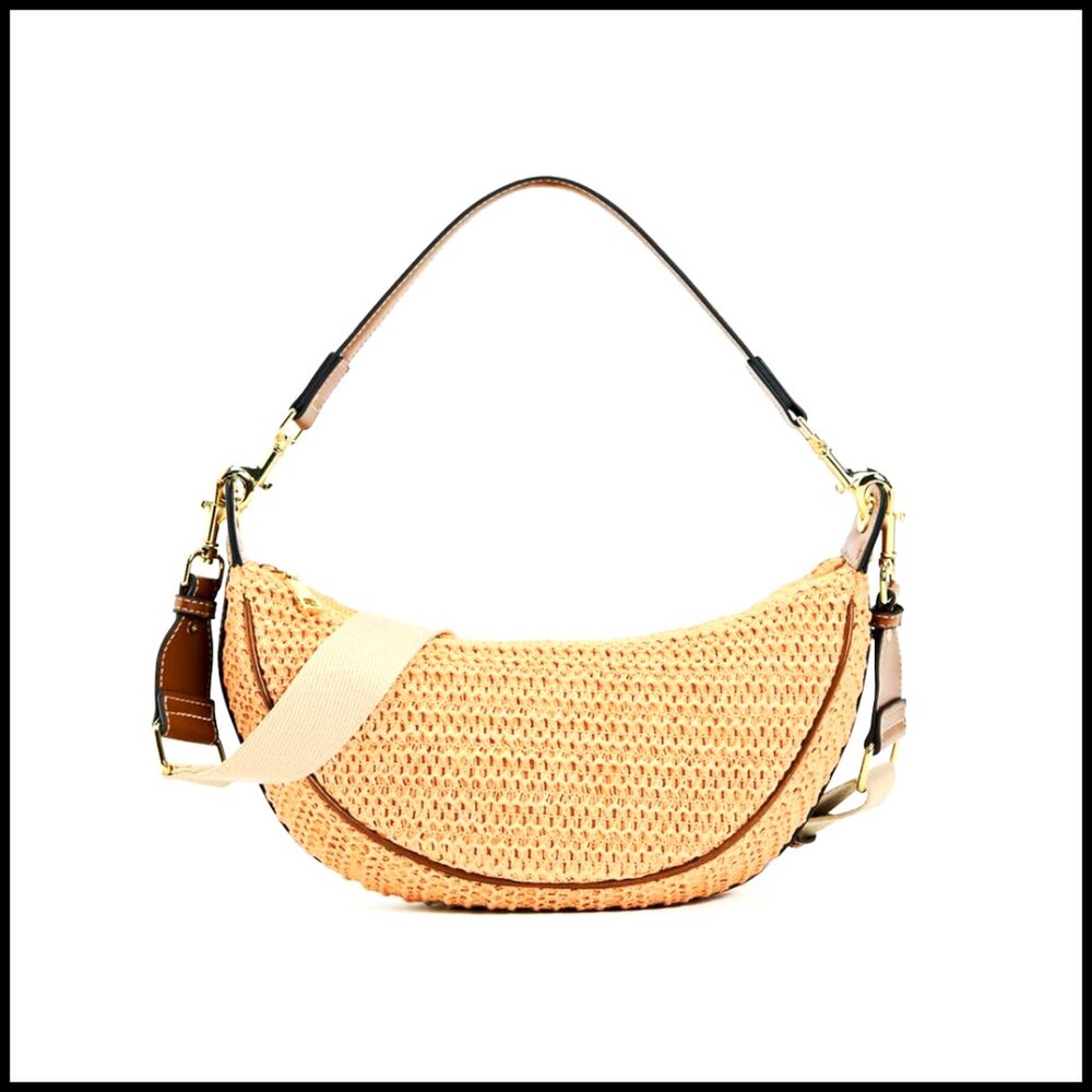 Woven Crescent Hobo Bag in Natural Tan with Contrast Trim